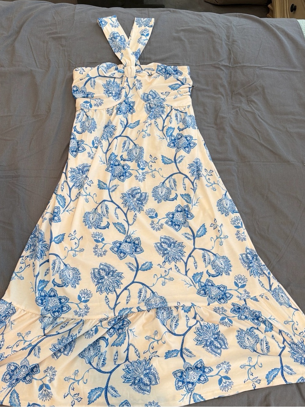 Grace Karin White Maxi Dress with Blue Floral Print